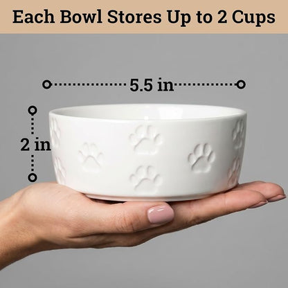 Ceramic Dog Bowl Set of 2 with Anti-Skid Base - 5.5" Wide x 2" Tall Ceramic Dog Bowls for Small Dogs - 2 Cup Capacity Food and Water Bowls for Dogs - Rubber Bottom Pet Bowl Set of 2 for Small Pets