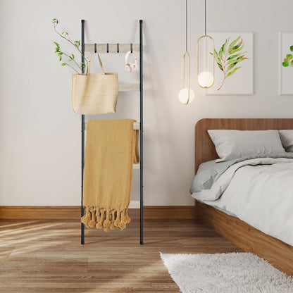 ELYKEN Blanket Ladder for Living Room, Farmhouse 5-Tier Quilt Holder with 4 Removable Hooks for Bathroom, Wood Towel Rack Display, Wall Anchor Leaning Decorative Stand for Home, White Oak