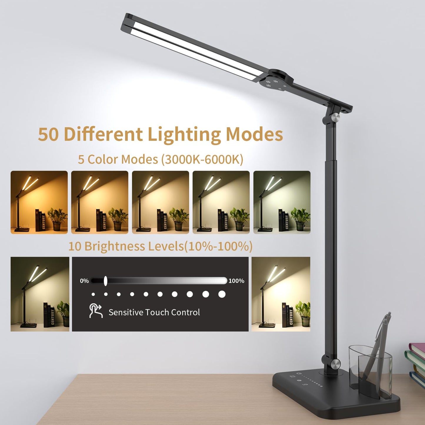 Woputne LED Desk Lamp, Dual Heads, Height Adjustable, USB Charging Port, 5 Light Modes & Dimmable Brightness, Bedside Lamp for Reading, Craft, Work, Study (Black, 15W)