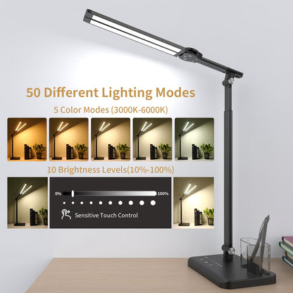 Woputne LED Desk Lamp, Dual Heads, Height Adjustable, USB Charging Port, 5 Light Modes & Dimmable Brightness, Bedside Lamp for Reading, Craft, Work, Study (Black, 15W)