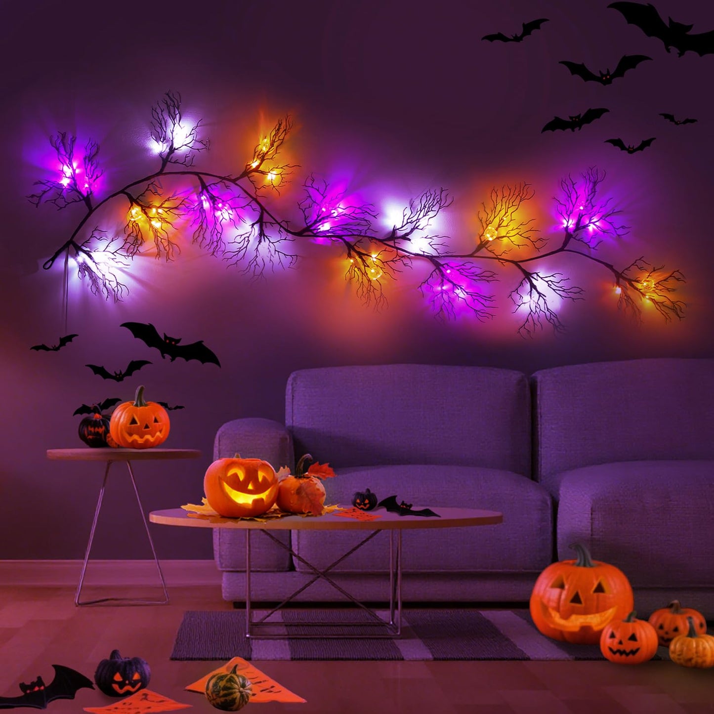 Joyhalo Halloween Garland with Lights Decorations with Pumpkin & Bat & Ghost Lights,Battery Operated 6FT 45 LED Halloween Willow Vine Twig Garland for Mantle,Wall,Fireplace and Halloween Decorations