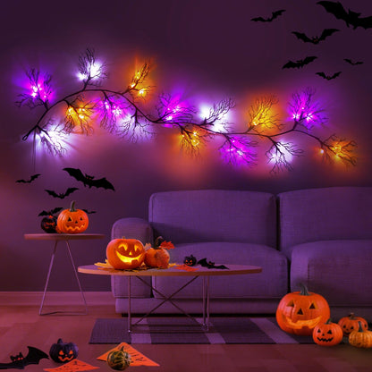 Joyhalo Halloween Garland with Lights Decorations with Pumpkin & Bat & Ghost Lights,Battery Operated 6FT 45 LED Halloween Willow Vine Twig Garland for Mantle,Wall,Fireplace and Halloween Decorations