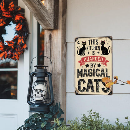 This Kitchen Is Guarded By Magical Cats Metal Tin Sign Halloween Theme Wall Hanging Rustic Style Wall Decor For Kitchen, Farmhouse, Living Room, Halloween Party Decorative Signs & Plaques 8x12 Inch