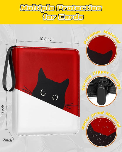 for 9 Pocket Trading Card Binder for 900 Cards - Cute Large Capacity Card Collection Album Folder with Zipper for Women Girls Teens Red Cat Design for Sports, TCG, Game Cards