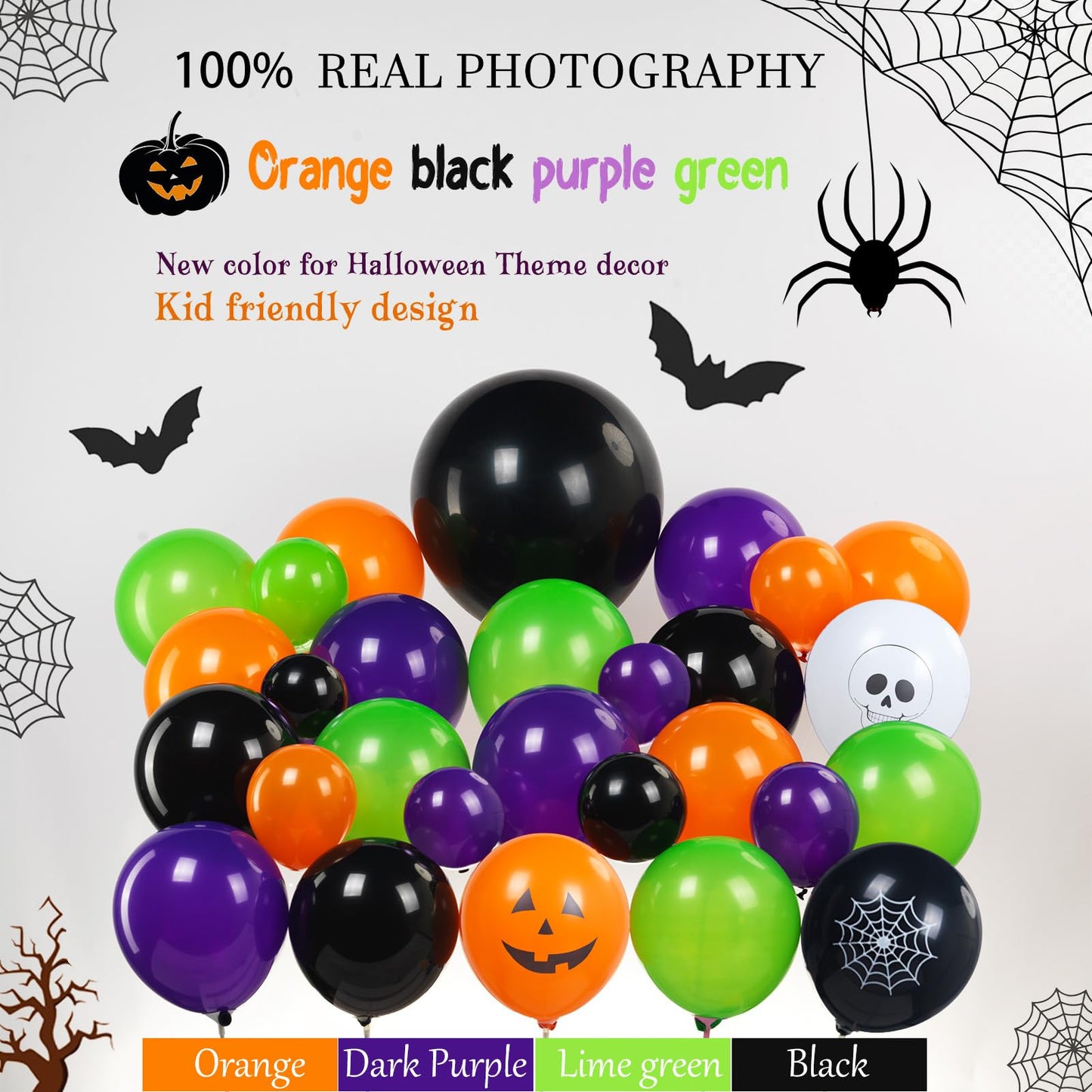 Halloween Decorations with Orange Black Green Purple Balloon Garland Arch & Spider web Bat Ghost Pumpkin Stripes foil Balloons for Horror Night one spooky Trunk or Treat Car Party Boo day Supplies