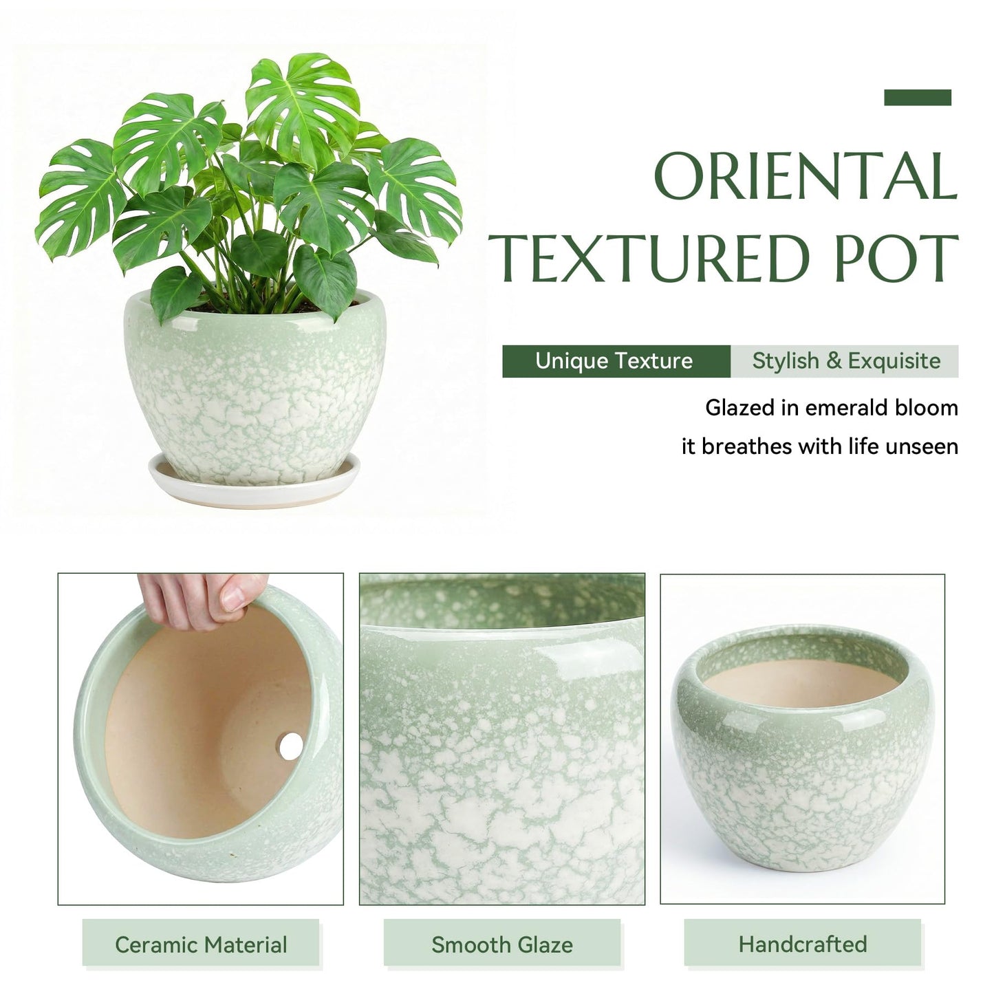 TOSELBAI 10.2 Inch Ceramic Planter with Saucer Leak-Proof Mesh &Drainage, Round Plant Pot with Gardening Gloves for Indoor Outdoor Plants (Jade Green)