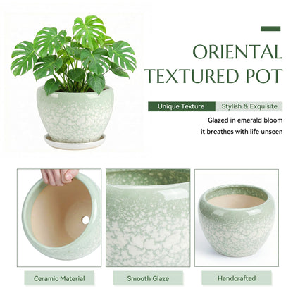 TOSELBAI 10.2 Inch Ceramic Planter with Saucer Leak-Proof Mesh &Drainage, Round Plant Pot with Gardening Gloves for Indoor Outdoor Plants (Jade Green)