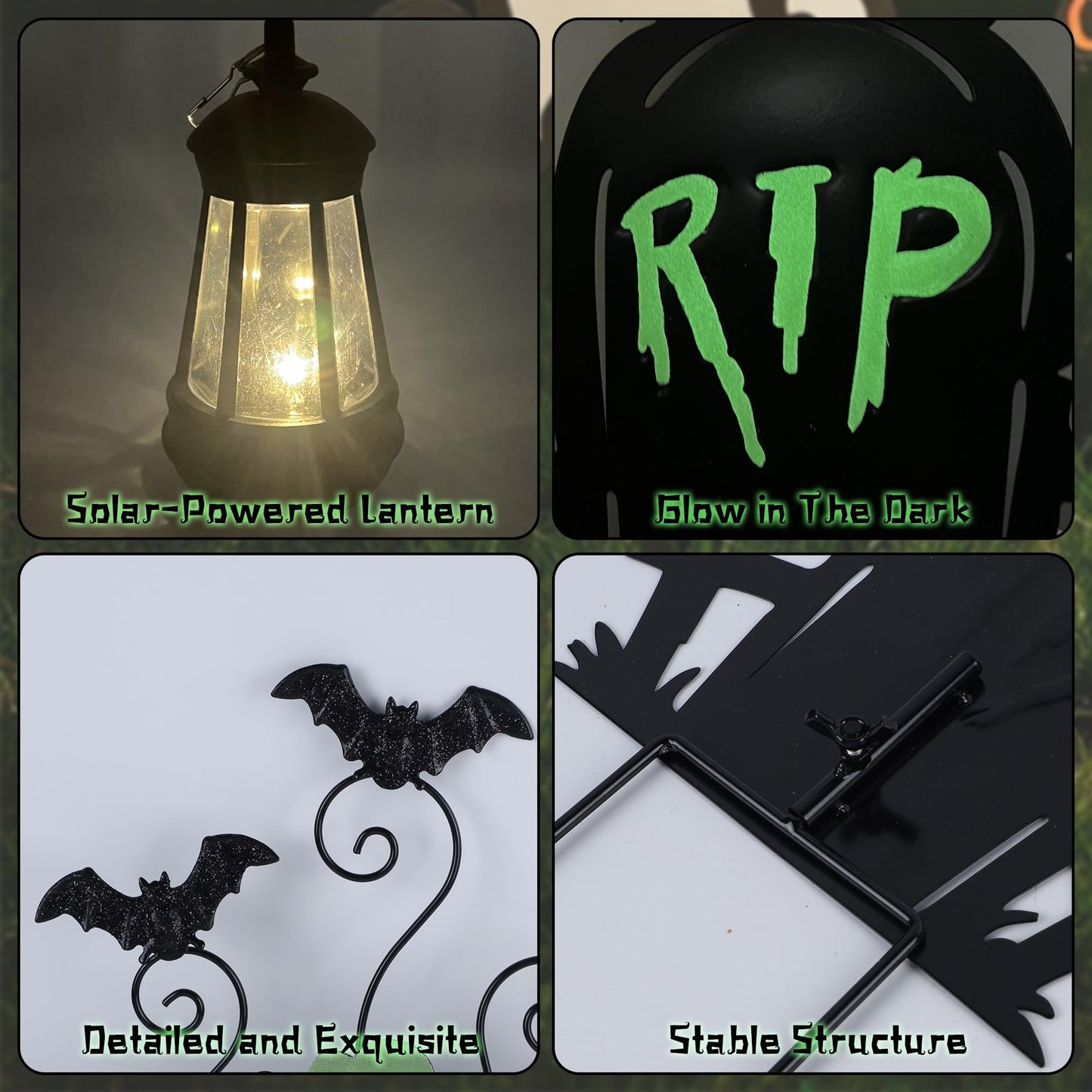 Prsildan Halloween Decorations Outdoor - 3 Pack Metal Witch Yard Stakes with Solar Lantern & Glow in The Dark Cauldron + Tombstone, Lighted Witches Silhouette Decor for Porch Garden Lawn Cemetery