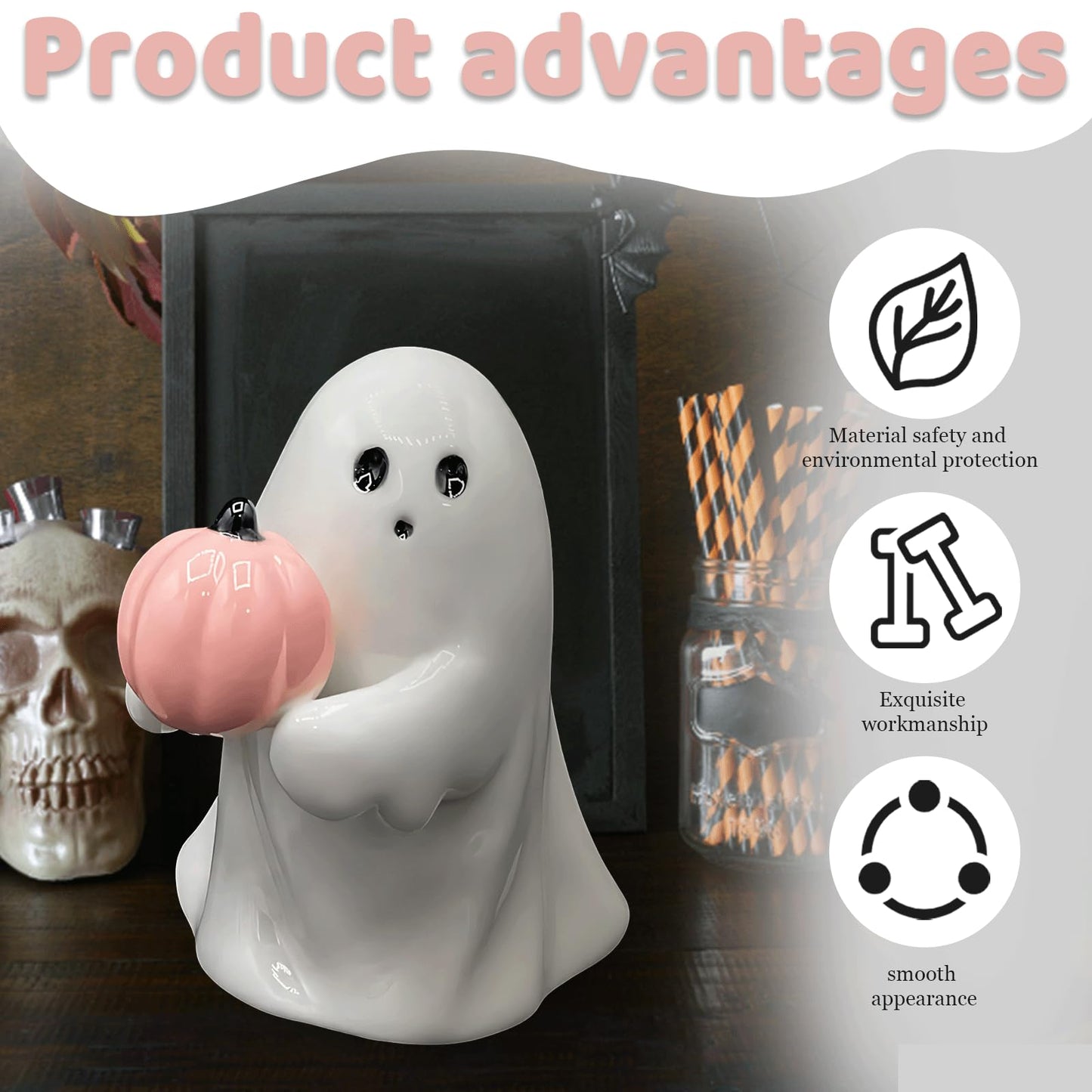 Halloween Ghost with Bat 4.5"H Resin Figurine, Ghost Halloween Decorative Figurine Decor for Home Office Gift for Friend and Family