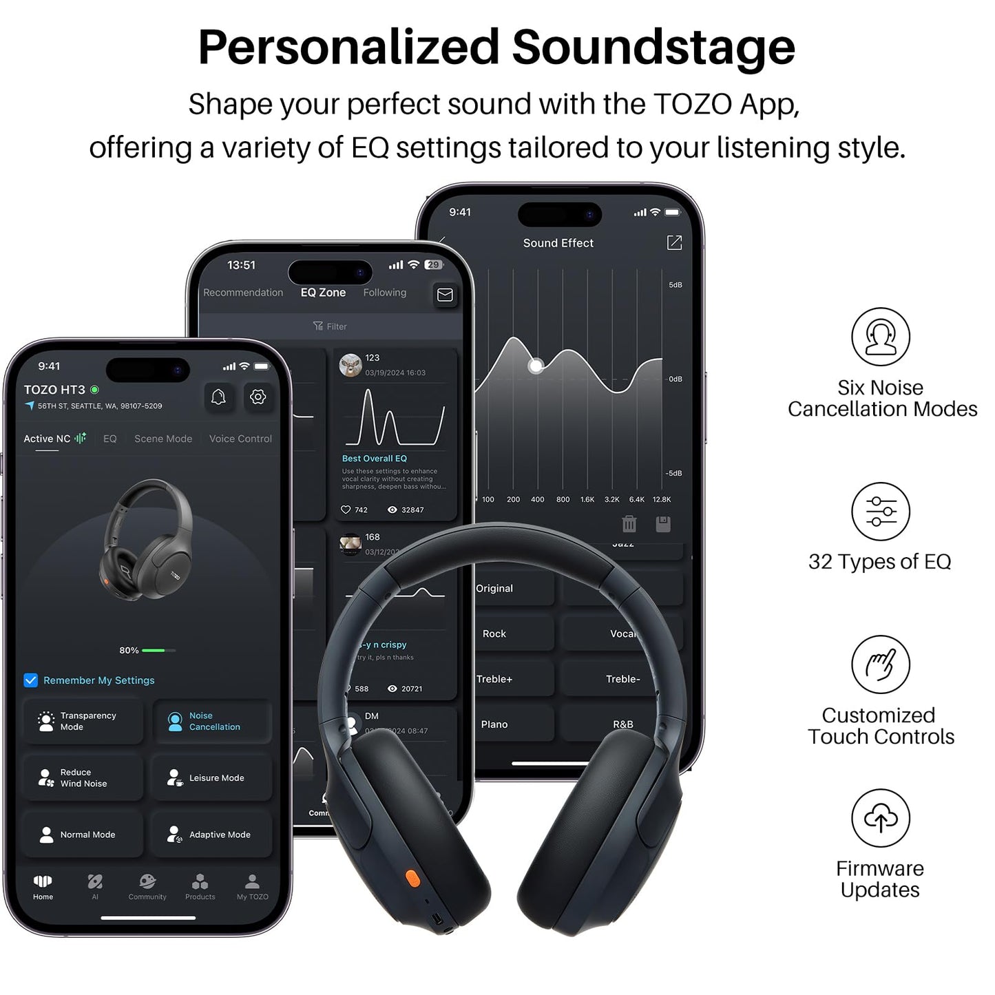 TOZO HT3 Hybrid Noise Cancelling Headphones, 90H Battery Life Wireless Over Ear Bluetooth 6.0 Foldable Headset, AI Voice Assistant with 5 Mics, Connect 2 Devices and Hi-Res Sound, 32 EQ Audio Presets