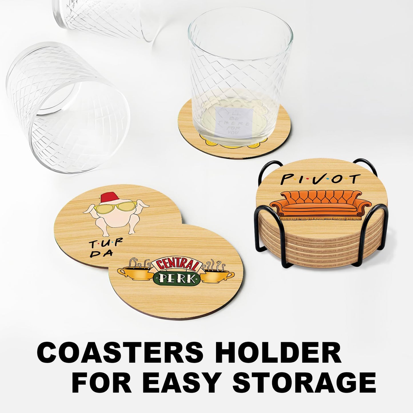 6 PCS Friends Cork Coasters for Drinks, Friends TV Show Merchandise, Funny Wooden Coasters for Drinks with Coaster Holder Home Kitchen Decor, Friend Themed Gifts for Fans