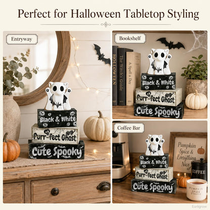4 Pcs Ghost Cat Halloween Decor Black and White Halloween Tiered Tray Decorations Cute Spooky Rustic Wooden Blocks with Skull Bats Spider Webs Farmhouse Table Centerpiece for Home Office Desk Shelf Mantel Coffee Bar