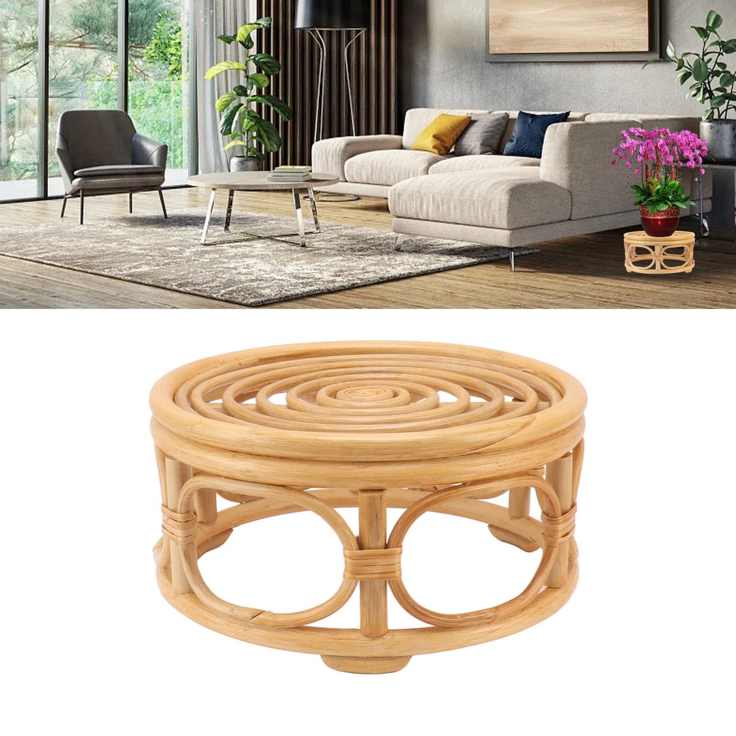 Round Plant Stand, Rattan Wicker Circle Pedestal Round Riser Plant Stand, Flower Pot Stands for Indoor Plants, Handmade Rattan Planter Stand for Home Kitchen Tabletop Decor (L)