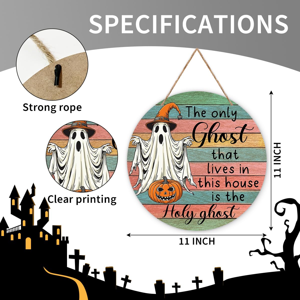 Halloween Holy Ghost Sign, Spooky Wooden Front Door Hanger Decorations, Welcome Signs Hanging Wall Decor for Porch Farmhouse Indoor, Halloween Party Supplies-09