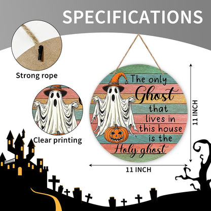 Halloween Holy Ghost Sign, Spooky Wooden Front Door Hanger Decorations, Welcome Signs Hanging Wall Decor for Porch Farmhouse Indoor, Halloween Party Supplies-09