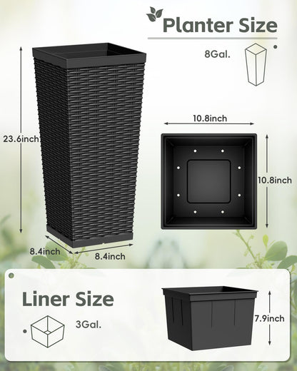 Greesum 23 Inch Tall Plastic Planters (Set of 2), Large Outdoor Flower Pots with Detachable Inner Pot & Drainage Holes for Plants, Trees, Patio, and Garden, Black