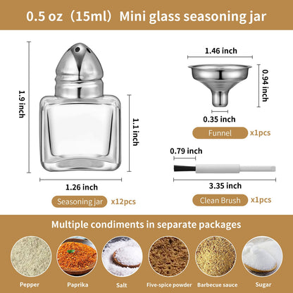 12 Pcs 0.5 oz Cube Shape Small Salt and Pepper Shakers with Tone Tops Clear Mini Glass Seasoning Jars Spice Salt Shakers with Funnel for Wedding Party Restaurant Home Kitchen (12, Silver)