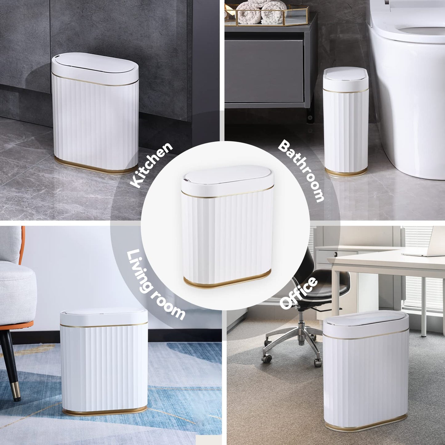 ELPHECO Bathroom Trash Can with Lid 2 Gallon Sensor Garbage Can, Automatic Trash Bin, Motion Sensor Trash Can, IPX5 Waterproof Plastic Wastebasket for Bathroom, Bedroom, Kitchen, Office, White Gold