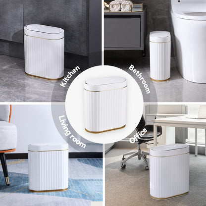 ELPHECO Bathroom Trash Can with Lid 2 Gallon Sensor Garbage Can, Automatic Trash Bin, Motion Sensor Trash Can, IPX5 Waterproof Plastic Wastebasket for Bathroom, Bedroom, Kitchen, Office, White Gold