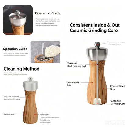 Tephra & Form 6" Olive Wood Pepper Grinder Mill, Adjustable Ceramic Core, Refillable Salt Pepper Shaker Kitchen Gift