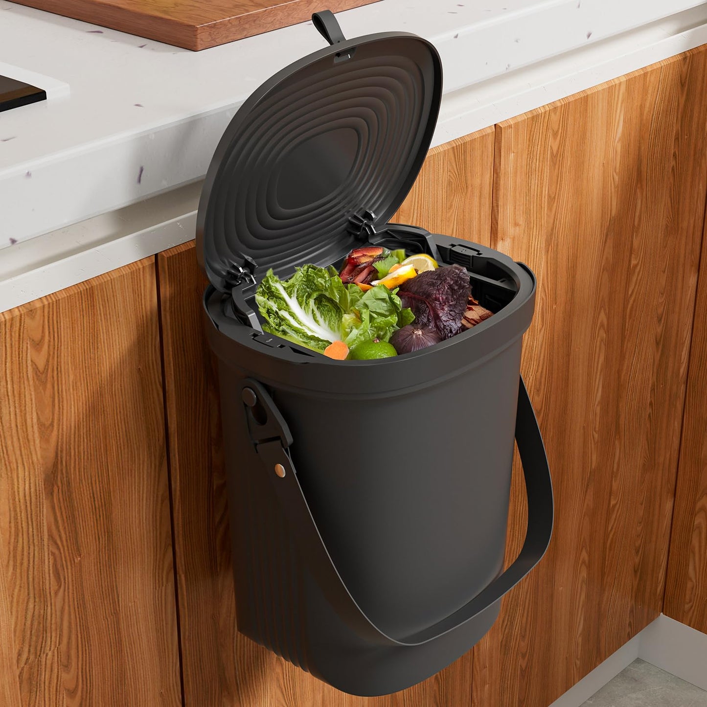 Mountable Silicone Collapsible Kitchen Compost Bin Under Sink, Surumer Hanging Trash Can with Lid for |Cupboard|Bathroom|Bedroom|Office|Camping, Indoor Compost Bucket, 2 Gallon Black