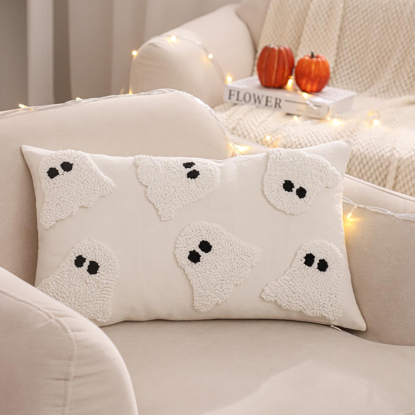 Tosleo Halloween Throw Pillow Covers 12x20 inch Set of 2 Halloween White Ghosts Embroidered Pillow Cases Thanksgiving Home Party Fall Decor Pillowcases Lumbar Cushion Covers for Spooky Season