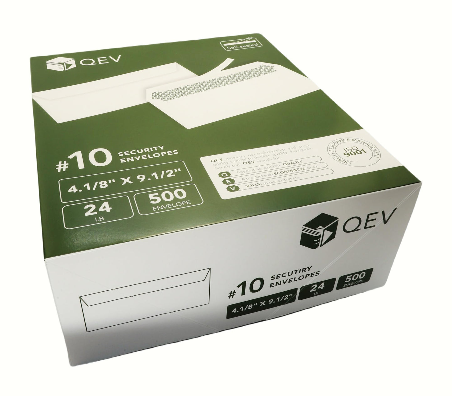 QEV No 10 Security Self Seal Envelopes 500ct, 24lb White Offset Paper, Security Tint Privacy Peel and Seal Windowless for Legal Letters, Invoices, Checks, Business Mail