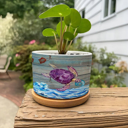 DreamAutumn Ocean Theme Sea Turtle Planter Ceramic Round Plant Pots with Drainage Holes and Bamboo Tray Planting Small Flower Pots for Home Windowsill Desk Garden Indoor Outdoor Use