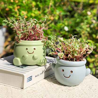 YOYLMAL Cute Face Planter Pot, Small Resin Head Planters for Indoor Plants, Funny Smiling Face Flower Pot Succulent Planter with Drainage Hole, Gift IdeaI for Birthday Christmas (Green)