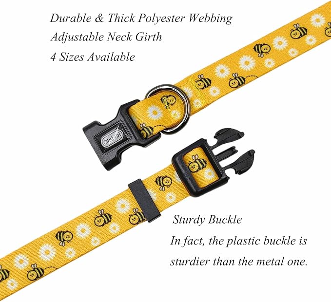 Dog Collar Leash Set, Floral Pattern, Polyester Material, Adjustable Collar and 5ft Matching Leash, for Large Dogs.(L, Bee Daisy)