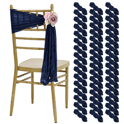 HNPSTBNO 50 PCS Cheesecloth Chair Sashes, Bows Designed ChairSashes, 15.7x70 inch Chair Sashes for Aisle Decorations Universal Chairs Cover Decoration for Wedding Reception Party Banquet (Navy Blue)