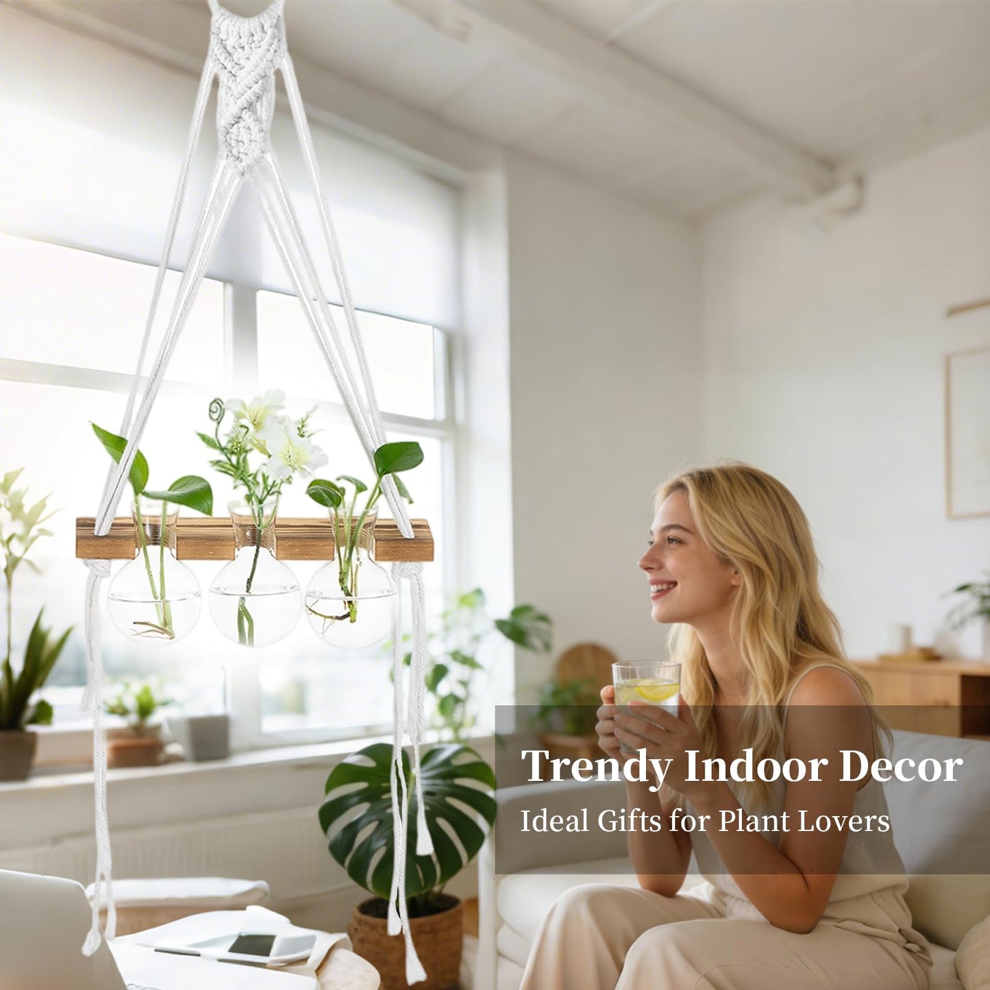 Glasseam Hanging Macrame Propagation Stations: Wall Window Glass Propagation Vases for Hydroponics Plants - Boho Decor Small Plant Terrarium Jars - Gifts for Women Mom Plants Lovers