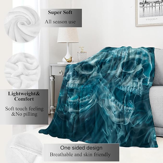 Gothic Blue Skull Blanket,Goth Spooky Throw Blankets,Gifts for Women Men, Lightweight Soft Fleece Cozy,for Sofa Couch Bed Room Travel,Festival Halloween Aesthetics Decor,40x50in