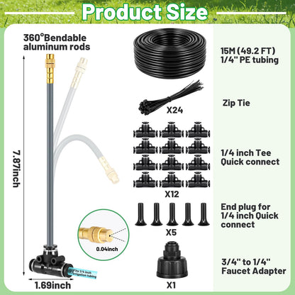 49.2 Ft 360° Adjustable 1/4" Drip Irrigation System Bendable Watering Misting System Drip Irrigation Kit Garden Watering Atomizing System with 12 Nozzles, Automatic Irrigation System for Garden