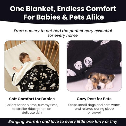 Small Pet Blanket - GOTS Certitied 100% Organic Cotton, Double Layer Plush Sherpa, Beige Jacquard Paw Knit, 30"x40", Ideal for Small Dogs and Cats - Soft and Warm