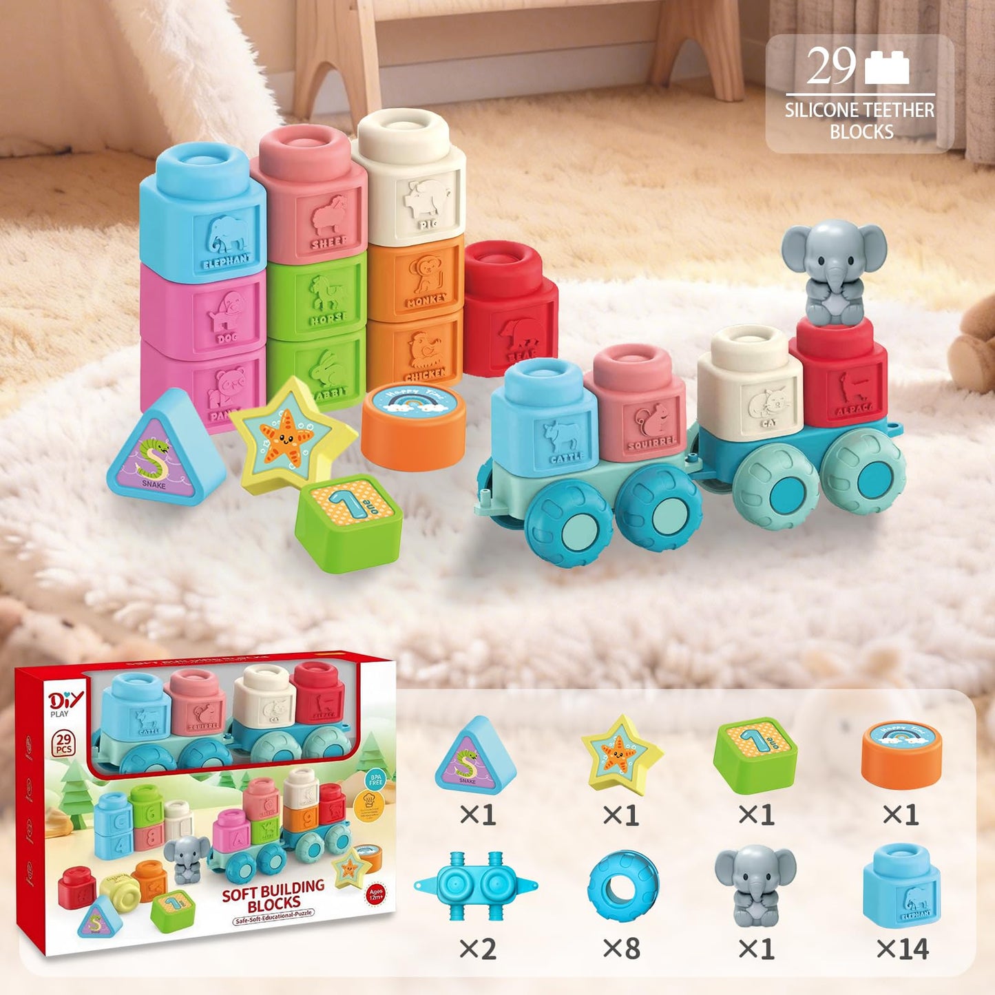 Soft Blocks Montessori Stacking Toys for toddlers 1-3, 29 PCS Baby Building Blocks, Educational Learning Toys with Fruits, Animals, Colors & Shapes, Connectable Texture Blocks Vehicles Festival Gift