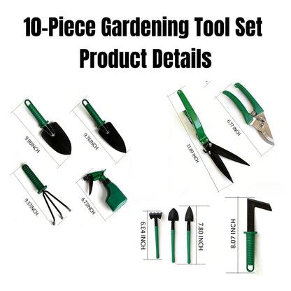 10-Piece Garden Tools Set - Heavy Duty Hand Gardening Kit: Shovel, Pruners, Trowel, Rake for Plant Care, Bonsai Trimming, Weeding & Yard Work (Green)