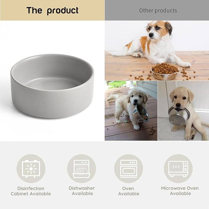 Mowtanco Grey Ceramic Dog & Cat Bowl Set – 13.5 OZ with Wooden Stand, Non-Slip, Elevated Design for Small Dogs & Cats – 2 Bowls (Food & Water, Ceramic Pet Bowls, Modern Dog Bowls)