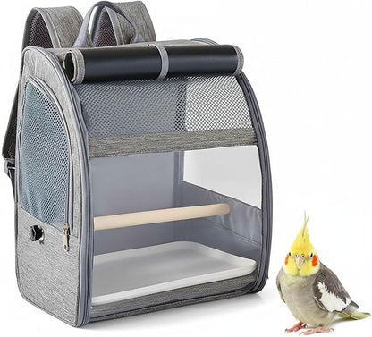 Parrot Backpack Travel Cage; 12.2 X 9.6 X 15 in Breathable Bird Carrier; Gray Backpack with Mesh Window; Removable Perch and Tray