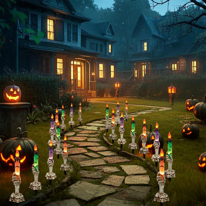 WATERGLIDE Halloween Candle Light Stakes, 5 Pack Skeleton Hands Hold Lighted Candle Pathway Makers, Waterproof Battery Operated with Timer, Light Up Figurine for Indoor Outdoor Holiday Party