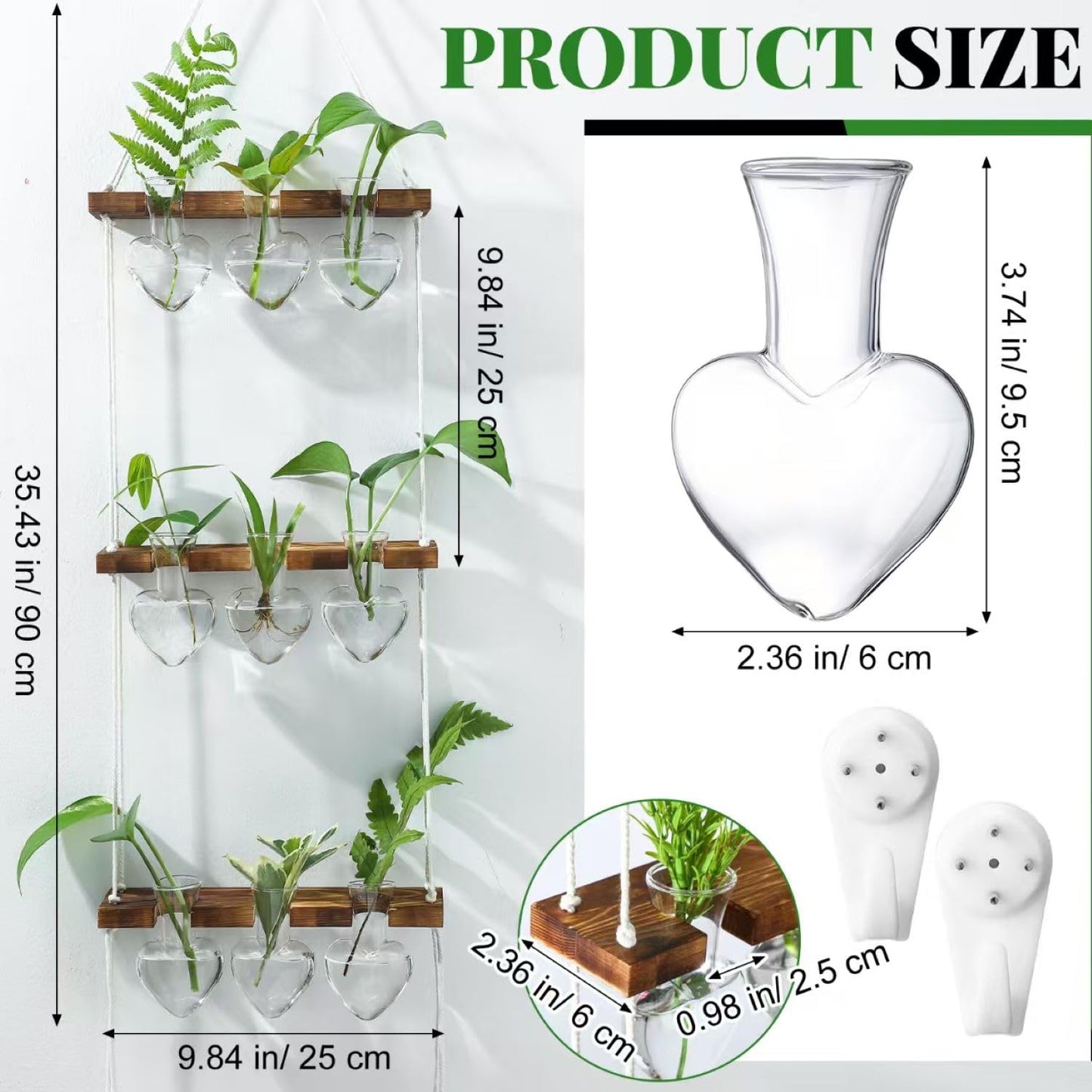 Leinuosen Wall Hanging Plant Propagation Stations Mother Gifts for Her Plant Lovers 3 Tiered 9 Heart Shaped Glass Vases Terrarium with Wooden Stand for Hydroponics Indoor Garden Home Decor(Clear)