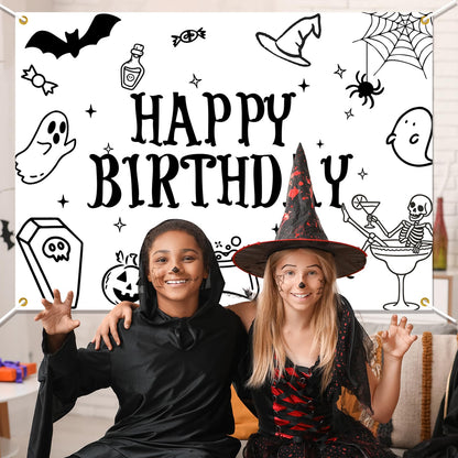 Halloween Happy Birthday Backdrop, Ghost Bat Pumpkin Skull Witch Birthday Party Decorations Halloween Themed Birthday Party Photo Background, 7 * 5Ft