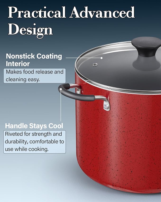 Cook N Home Professional 8 Quart Non Stick Stock Pot with Lid, Riveted Handles, Big Soup Pot for Holiday Feasts, Stockpot with Even Heating, Induction Cookware, Oven & Dishwasher Safe, Marble Red
