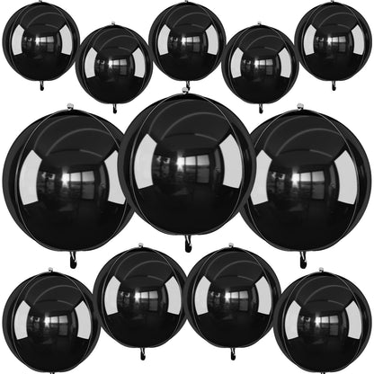 12Pcs Black Round Foil Balloons, 22" 15" 10" Metallic Black 4D Ball Balloons for Birthday Graduation Christmas New Year Eve Halloween Party Backdrop Decorations