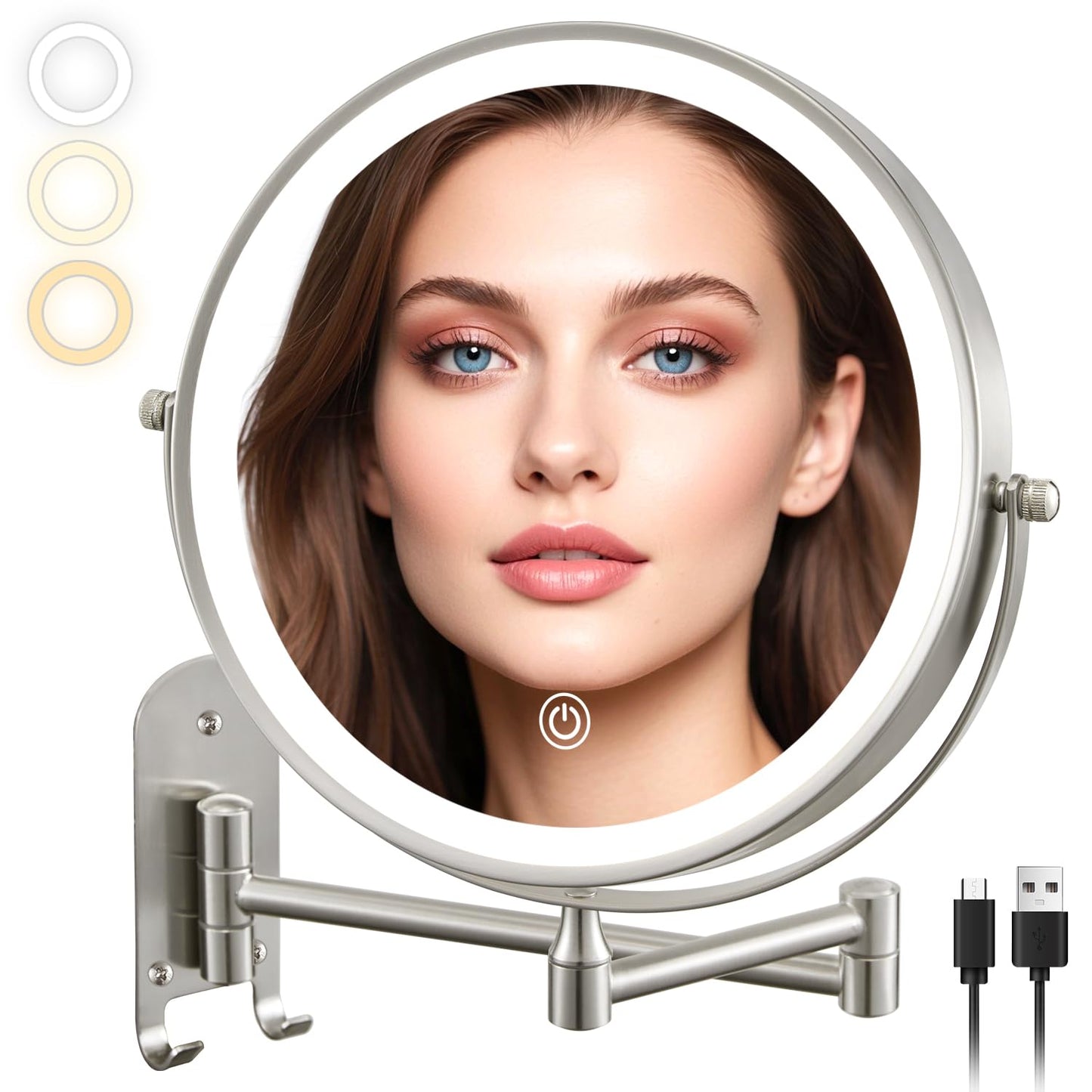 ALHAKIN 9" Wall Mounted Lighted Makeup Mirror, Large Rechargeable 1X/10X Magnifying Mirror with 3 Color Lights Dimmable, 360° Rotation, Nickel