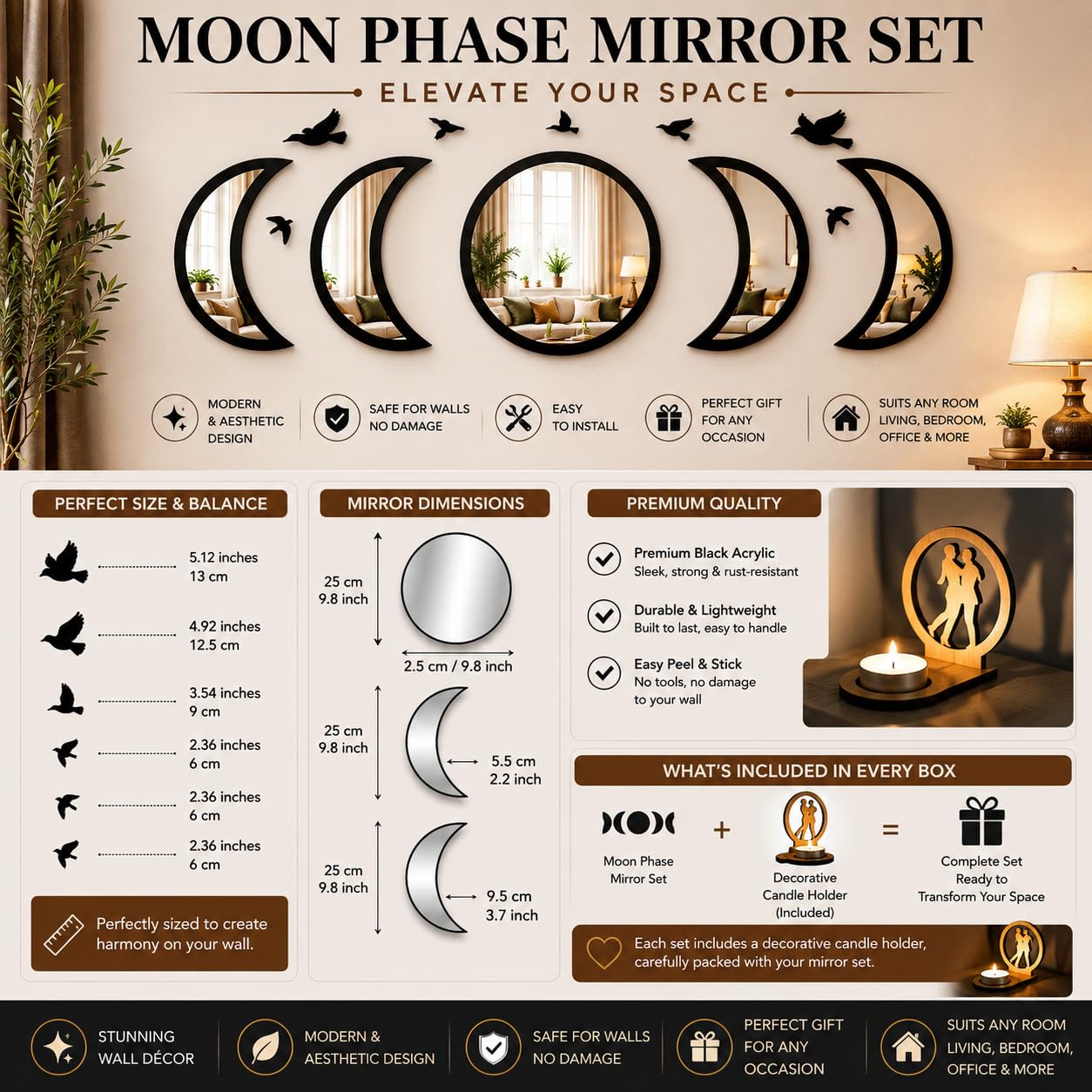 NESHE Moon Phase Mirror Wall Decor Set with Birds | Gothic Witchy Boho Wall Mirror Decor | Scandinavian Aesthetic Home Decor for Bedroom Living Room (Black)