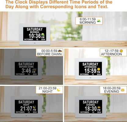 SSINI Digital Calendar Dementia Alarm Clock with Day and Date for Elderly - 15 Alarms 5 Colors Display Digital Clock Large Display Alzheimers Large Digital Clock for Seniors (7in White)