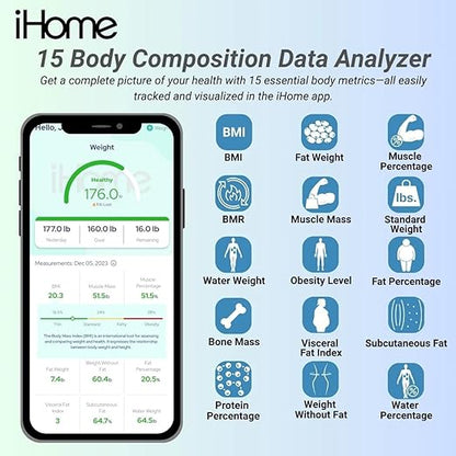 iHome Digital Bluetooth Smart Scale for Body Weight, Weight Scale, Including BMI, Body Fat, Muscle Mass, Batteries Included (Black Smart Bluetooth)