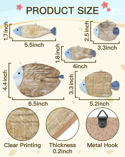 Putuo Decor 5 Pcs Rustic Weathered Wood Fish Wall Art Beach Nautical Wall Hanging Decor Ocean Fish Wall Sculpture for Home Bathroom Bedroom Lake House