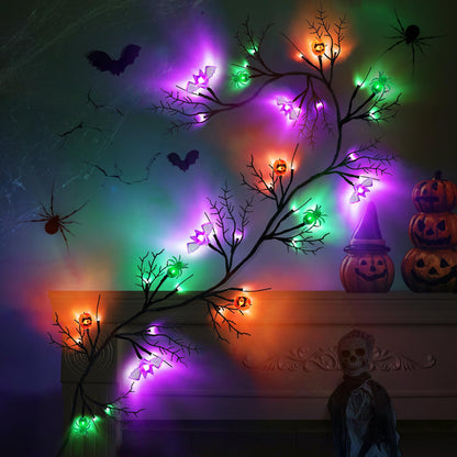 SURCVIO [ 8 Modes & Timer ] 6 Ft 54 LED Halloween Willow Vine Twig Decor Garland with 6 Bats & Pumpkins & Spiders Lights Waterproof Battery Operated Halloween Decorations Home Wall Fireplace Decor